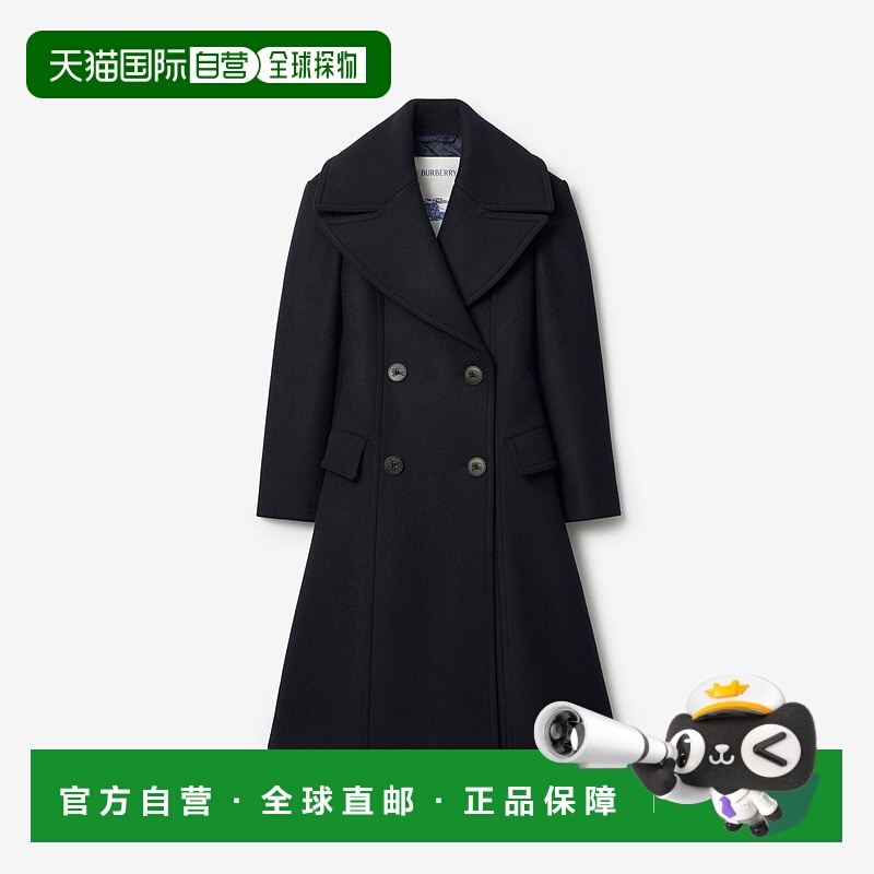 自营欧洲直邮Burberry博柏利 女士海军蓝羊毛双排扣大衣