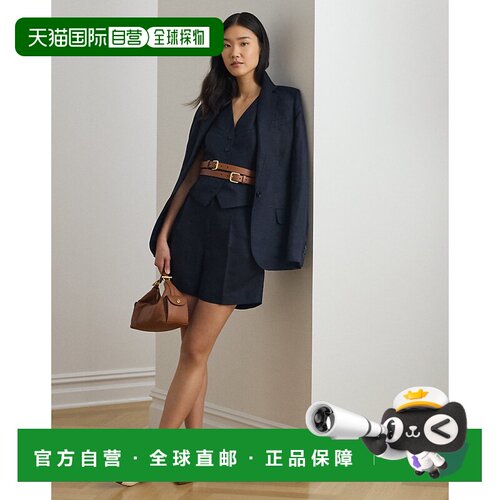 自营欧洲直邮Ralph Lauren拉夫劳伦 女士海军蓝亚麻混纺斜纹褶皱