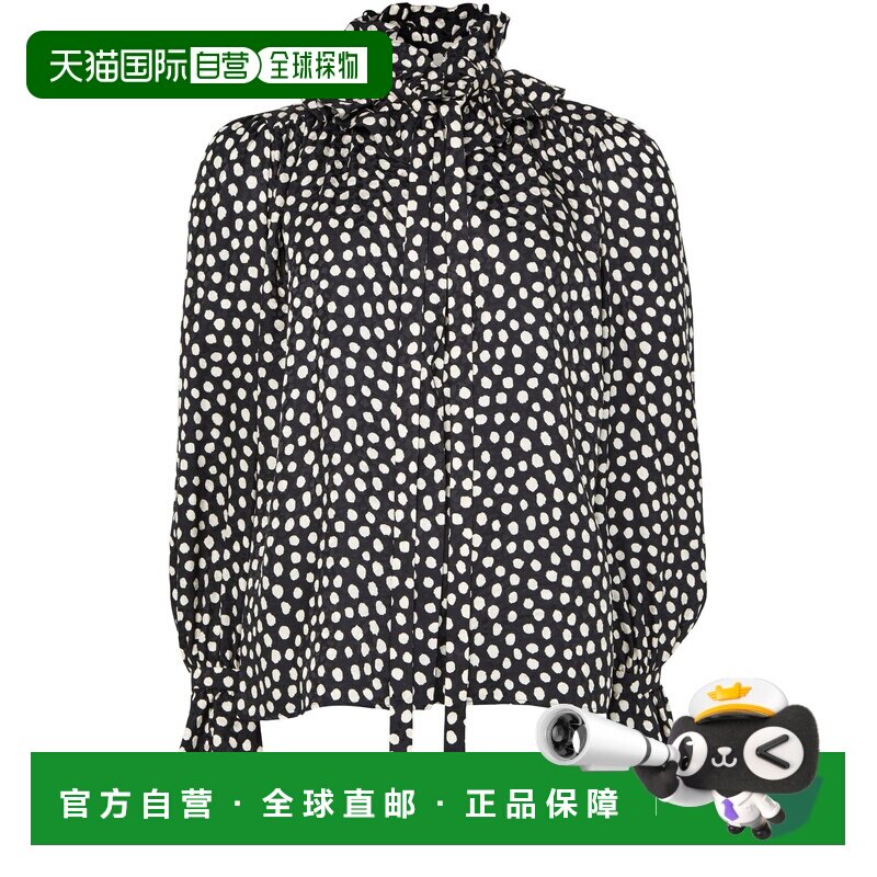 欧洲直邮自营CHLOE蔻依 女士黑色/米色丝质波点荷叶边领结衬衫