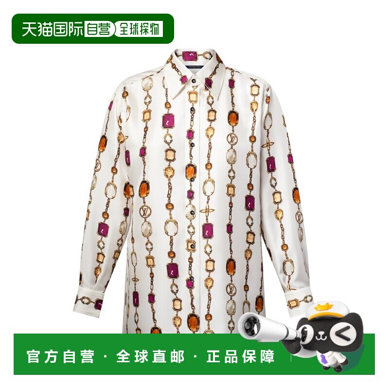自营1h可退 欧洲直邮LV路易威登 女士米白色真丝项链印花长袖衬衫