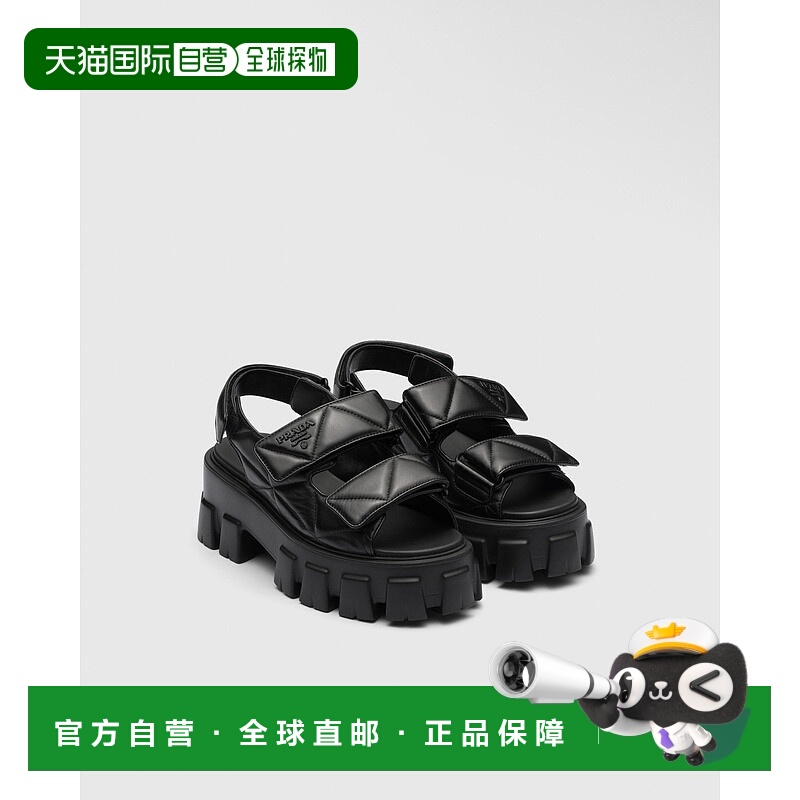 自营欧洲直邮Prada普拉达 Monolith系列女士黑色羔羊皮锯齿纹凉鞋