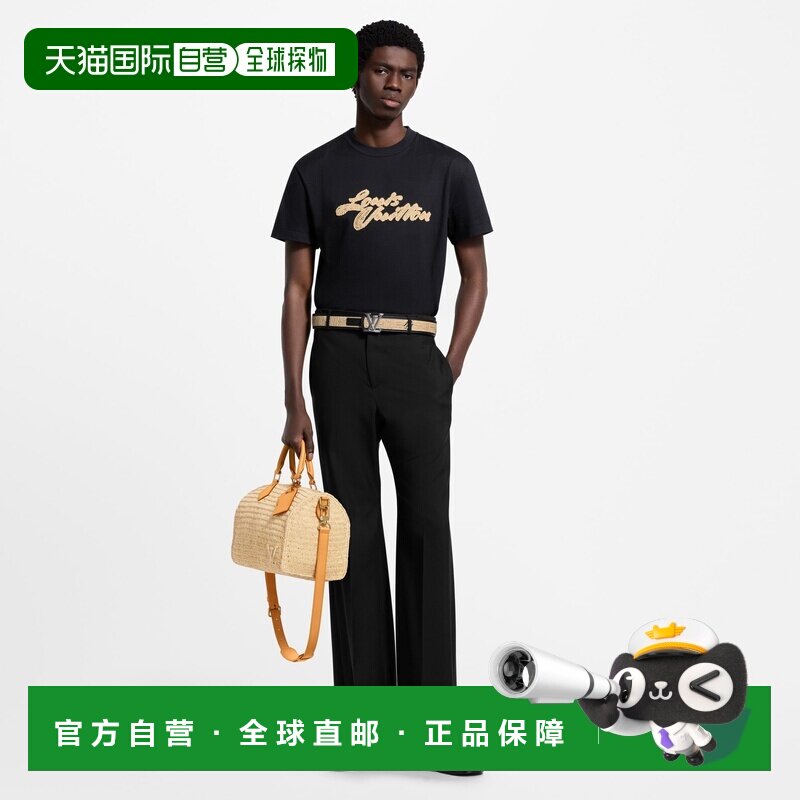 自营1h可退 欧洲直邮LV路易威登 男士黑色棉刺绣logo标识短袖T恤