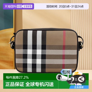 欧洲直邮BURBERRY博柏利女士黑色牛皮帆布拼色相机拉链斜挎包正品