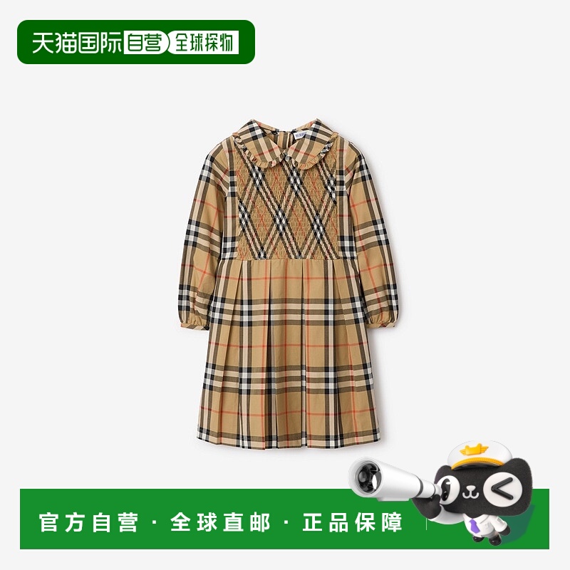 欧洲直邮Burberry博柏利 儿童沙米色棉长袖格纹连衣裙