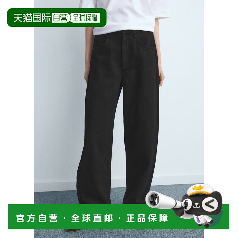 自营欧洲直邮Mango芒果 女士黑色常规版型牛仔裤宽松背带裤直筒裤