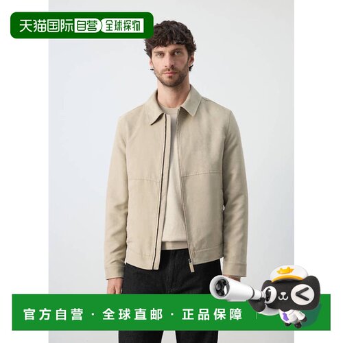自营欧洲直邮MANGO 男士米色聚酯纤维仿皮革皮夹克夹克