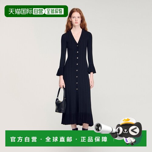 自营欧洲直邮Sandro桑德罗 女士黑色弹性纤维荷叶边针织长款连衣