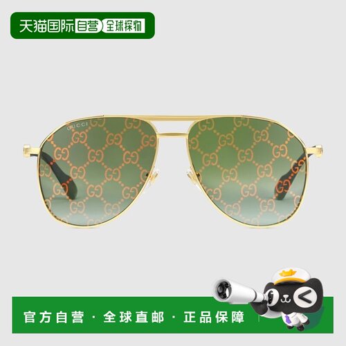 自营欧洲直邮Gucci古驰女士金色金属飞行员框太阳镜墨镜