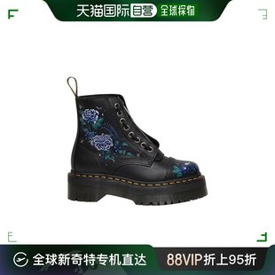 女士黑色皮革蓝色花朵印花图案拉链马丁靴 欧洲直邮DR. MARTENS