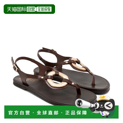 欧洲直邮AURELIA 西班牙手工真皮圆形金属饰平底凉鞋 摩卡色