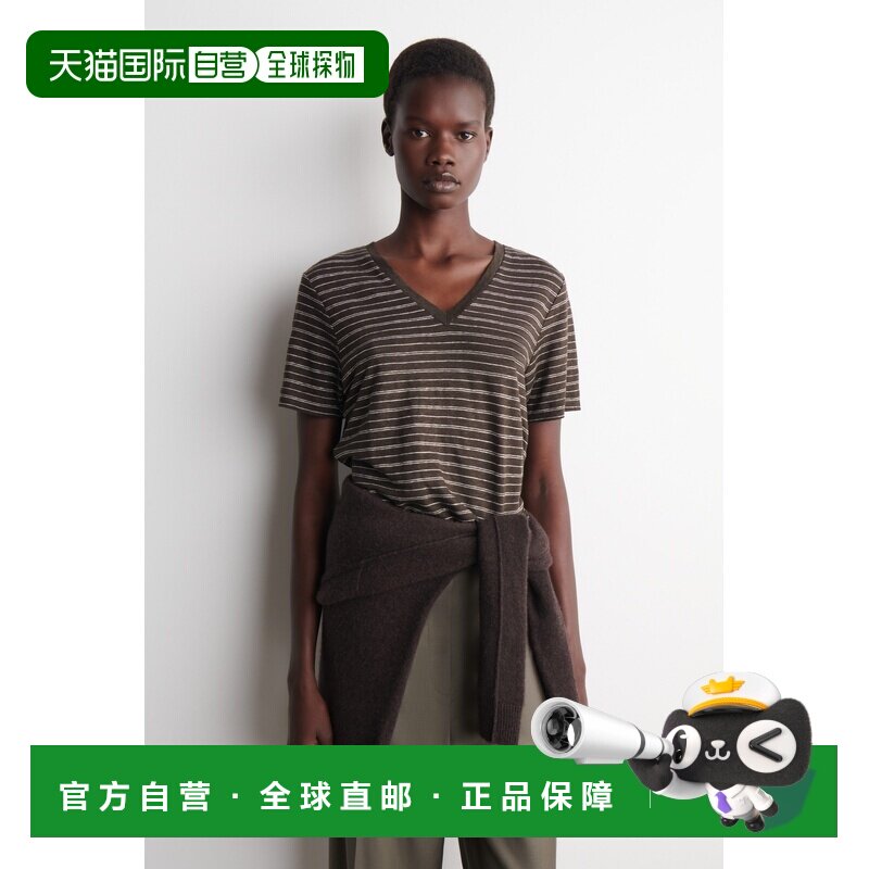 自营欧洲直邮COS 女士棕色亚麻V领T恤条纹图片