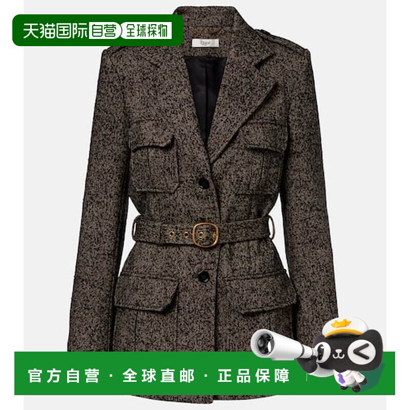 香港直邮Chloe 蔻依 女士 束带人字纹羊毛混纺西装大衣