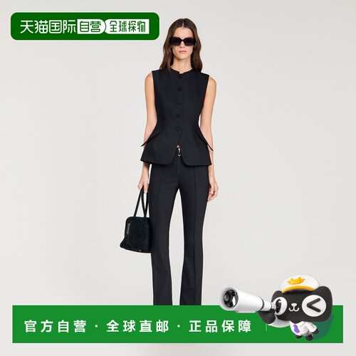 自营欧洲直邮Sandro桑德罗 女士黑色棉混纺无袖荷叶边西装马甲