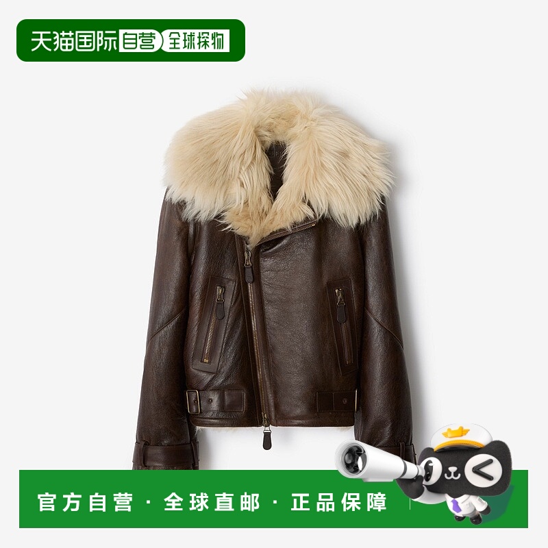 自营欧洲直邮Burberry博柏利 女士深棕色羔羊毛皮短款双排扣夹克