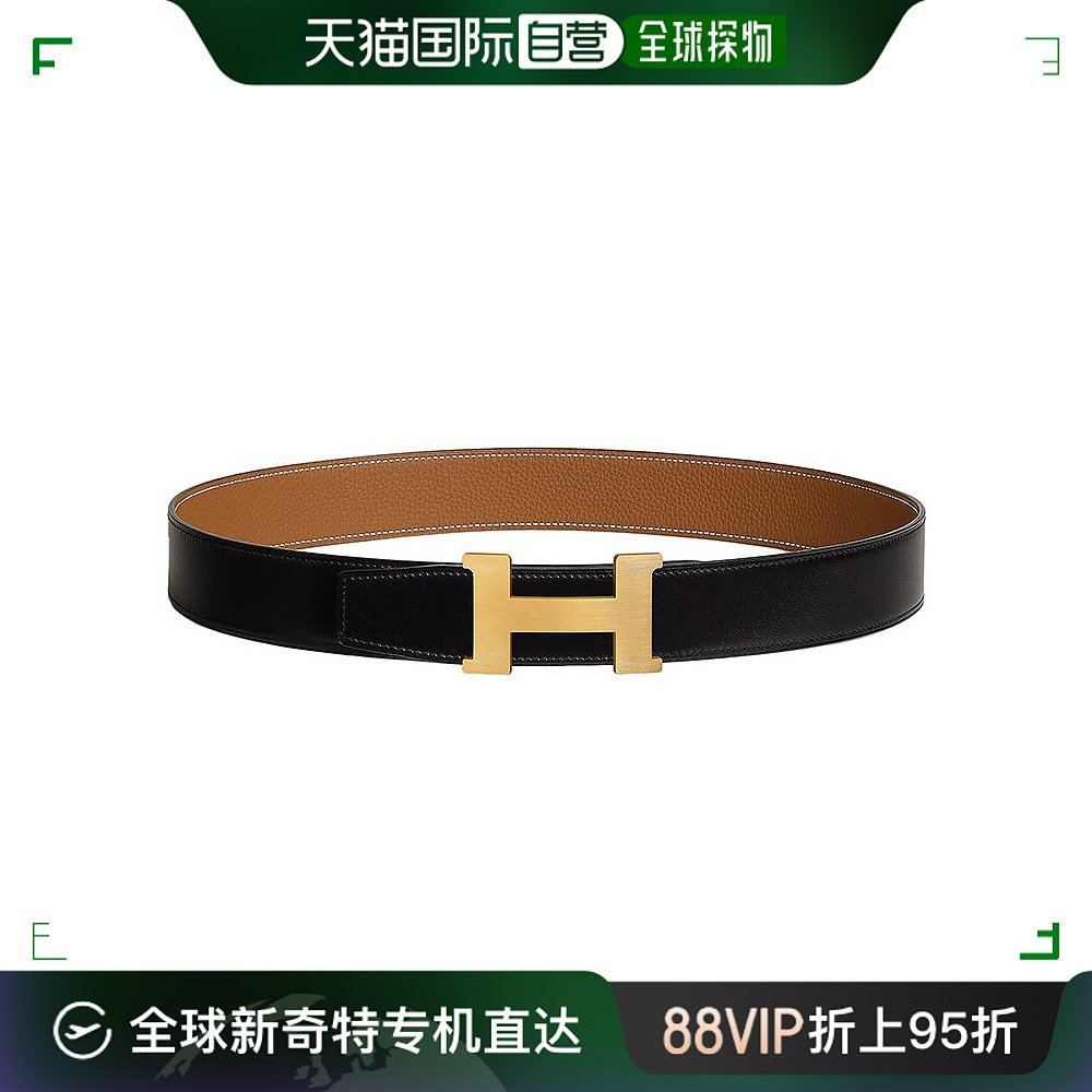 欧洲直邮hermes爱马仕男士驼棕/黑色皮革磨砂金扣双面皮带3.8cm