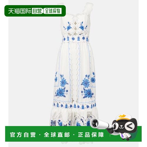 1h可退 香港直邮FARM RIO 女士 刺绣亚麻混纺中长连衣裙性感吊带