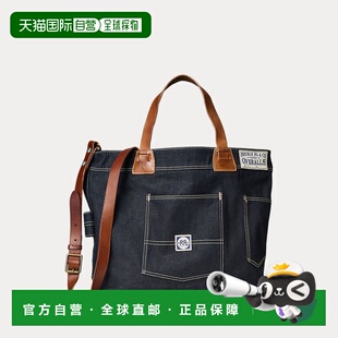 自营欧洲直邮RALPH 配皮 LAUREN拉夫劳伦RRL靛蓝色牛仔布托特包