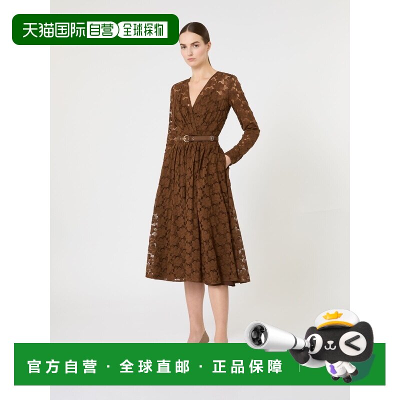 自营欧洲直邮Max Mara Studio女士巧克力色薄纱中长连衣裙