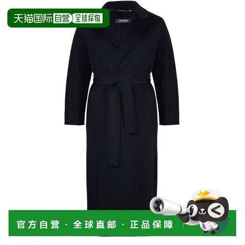 自营欧洲直邮S MAX MARA 女士黑色羊毛系带长款大衣长袖