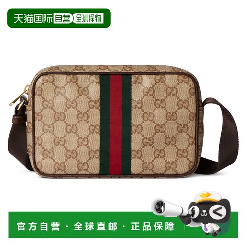 自营欧洲直邮GUCCI古驰 GG男士沙色/棕色GG帆布织带迷你斜挎包