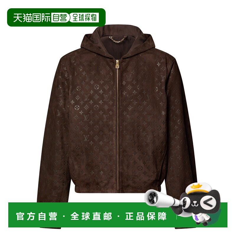 自营欧洲直邮LV路易威登 男士咖啡色皮革老花压纹连帽卫衣帽衫