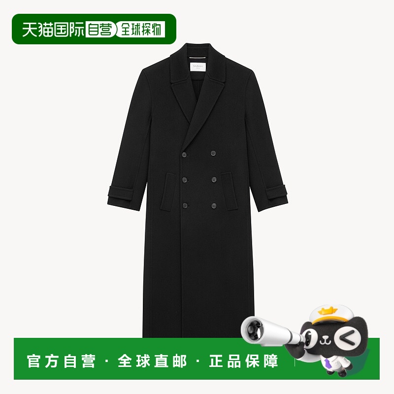 自营欧洲直邮YSL圣罗兰 女士极黑色羊毛长款双排扣大衣