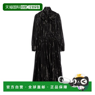 自营欧洲直邮GUCCI古驰 女士黑色/银色条纹真丝欧根纱衬衫连衣裙