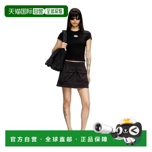 自营欧洲直邮Diesel迪赛 女士黑色有机棉质镂空Oval D修身T恤