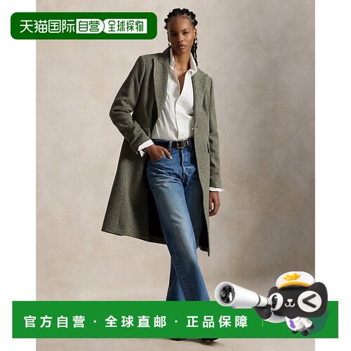 自营欧洲直邮Ralph Lauren拉夫劳伦 女士灰色人字纹混纺羊毛大衣