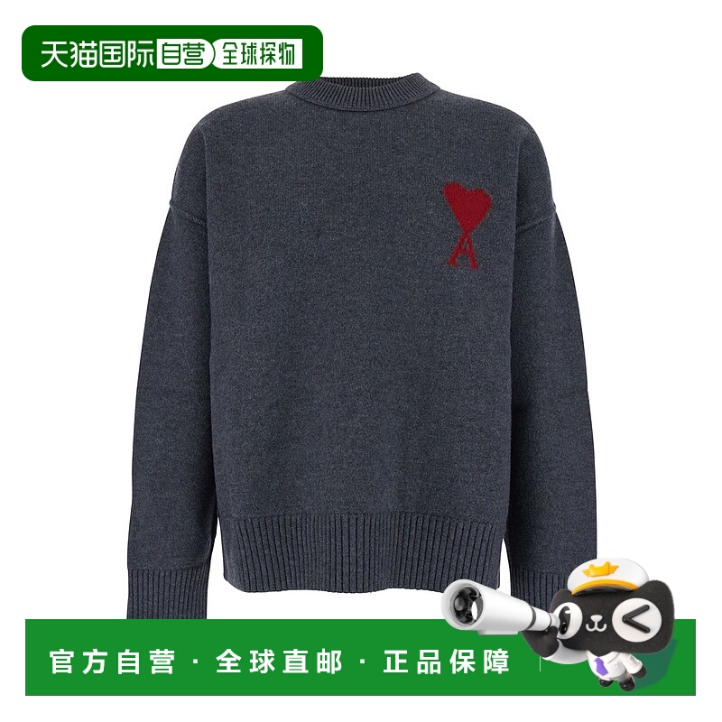 香港直邮Ami Paris 男士 ADC on Front 灰色圆领刺绣羊毛毛衣 UKS