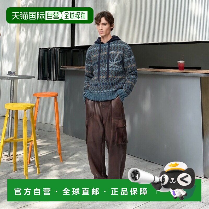 自营欧洲直邮LOEWE罗意威 男士蓝色羊毛混纺几何图案针织毛衣