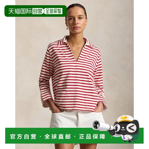 自营欧洲直邮Ralph Lauren拉夫劳伦 女士红色/白色棉质条纹开衩T