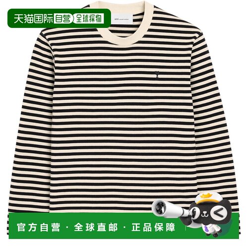 自营欧洲直邮AMI PARIS Ami de Coeur女士黑色/米色条纹刺绣长袖T