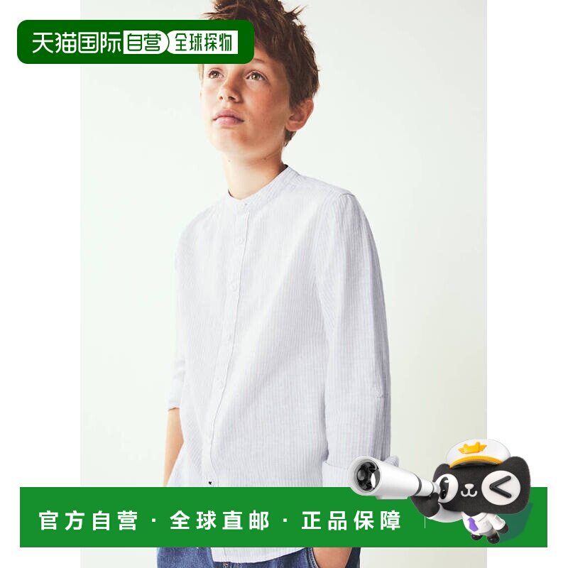 欧洲直邮MANGO 男孩白色亚麻棉质条纹圆领长袖衬衫