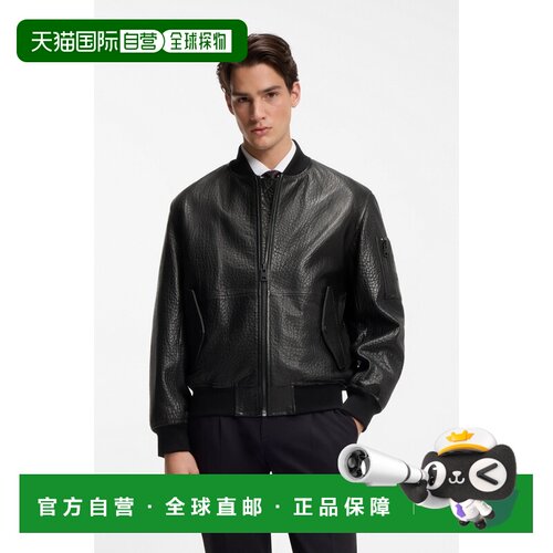 自营欧洲直邮Hugo Boss 男士黑色绵羊皮拉链开合皮衣