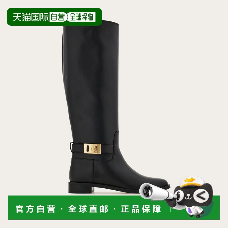 自营欧洲直邮Ferragamo菲拉格慕 Hug女士黑色小牛皮搭扣靴子女靴