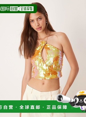 1h可退 香港直邮ASOS 女士 设计全珠片挂脖剪口橙色上衣