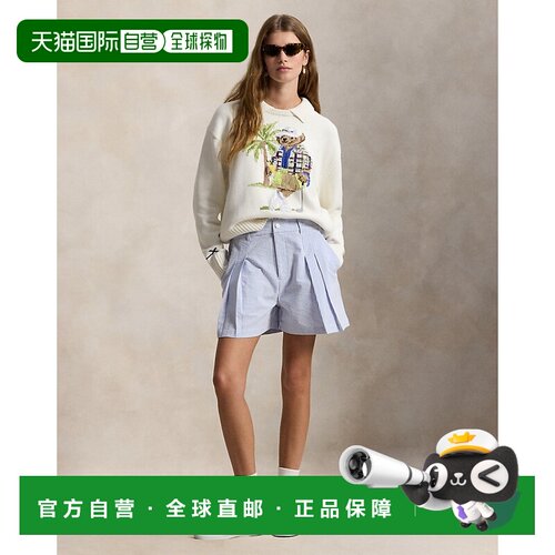 自营欧洲直邮Ralph Lauren拉夫劳伦 女士天蓝色/白色泡泡纱褶裥短