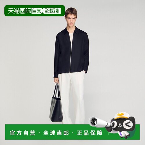 自营欧洲直邮Sandro桑德罗 男士黑色莱赛尔纤维拉链长袖衬衫