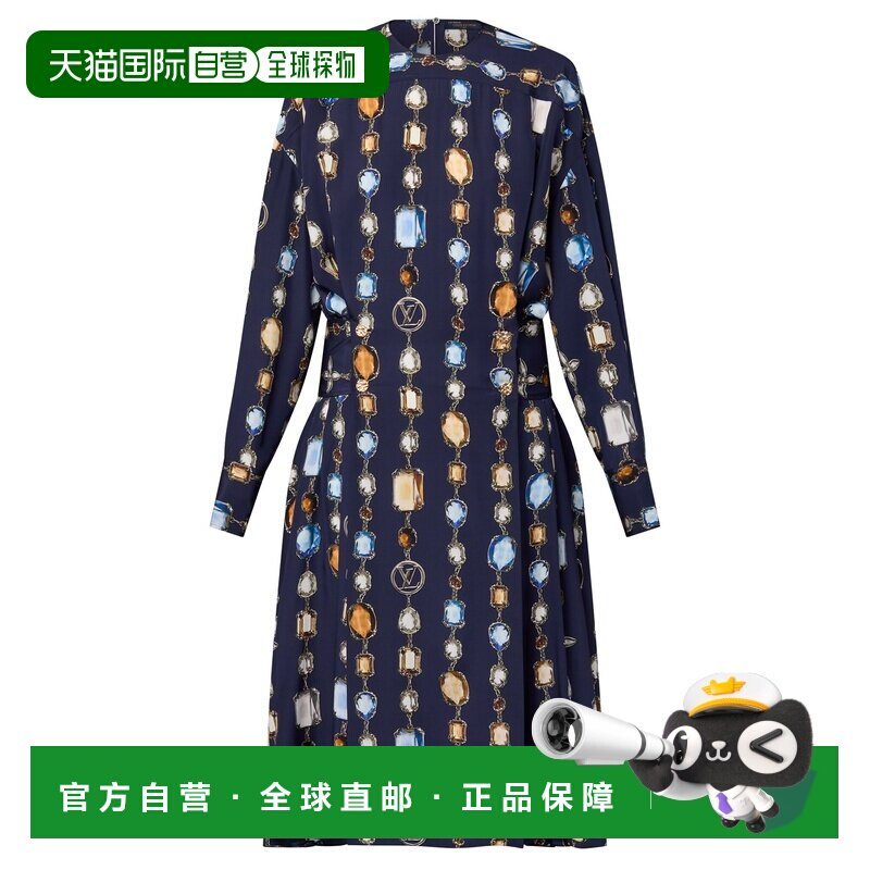 自营欧洲直邮LV路易威登 女士藏蓝色丝绸图案长袖连衣裙长裙项链