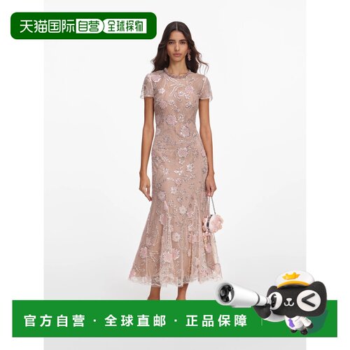 1h可退 香港直邮Self-Portrait 女士 粉色花朵珠片精饰中长连衣裙