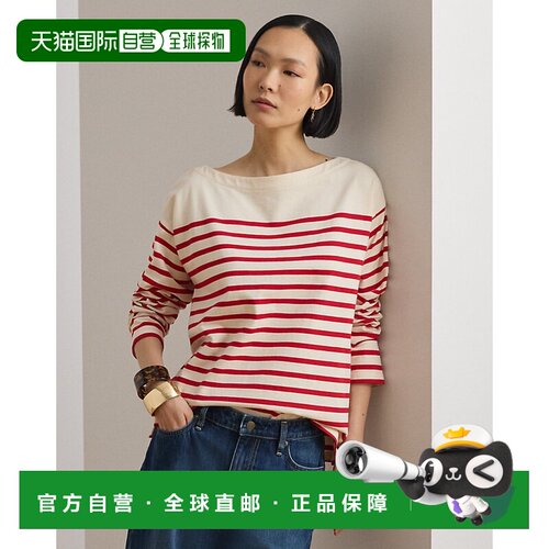 自营欧洲直邮Ralph Lauren拉夫劳伦 女士奶油色/红色棉质条纹圆领