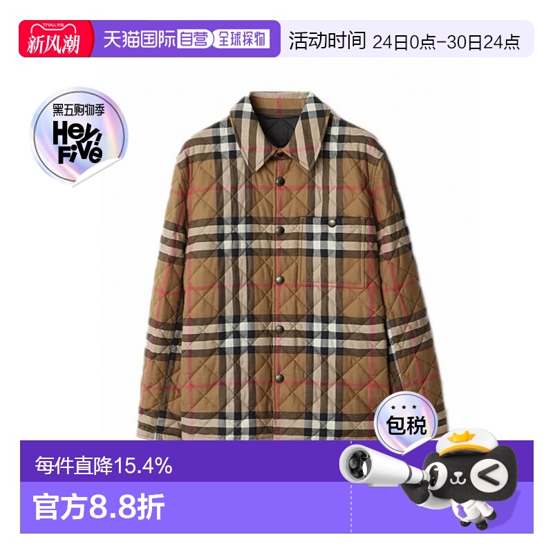 自营欧洲直邮Burberry博柏利 男士棕色格纹单排扣贴袋长袖棉服