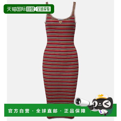 香港直邮Prada 普拉达 女士 徽标罗纹针织棉质中长连衣裙