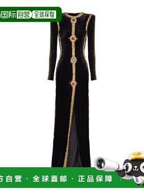 1h可退 香港直邮Balmain 长款缀饰天鹅绒连衣裙 GF1RR009PD36长裙