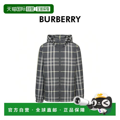 欧洲直邮自营Burberry/博柏利 男士外套黑色混纺格纹拉链连帽夹克