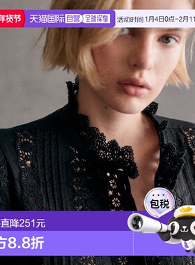 Sezane 女士黑色棉衬衫新款长袖泡泡袖