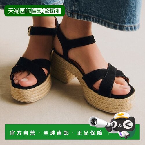 自营欧洲直邮Sezane MANON女士黑色绒面皮革坡跟罗马鞋草编鞋女鞋