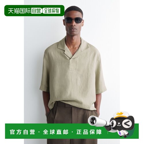欧洲直邮自营COS 男士浅卡其绿亚麻休闲风套头短袖衬衫