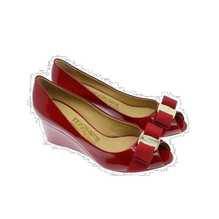 香港直邮Salvatore Ferragamo 蝴蝶结鱼嘴坡跟鞋 053973女鞋